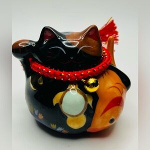 Lucky Cat bank  with Fish - Black, red, and Orange
